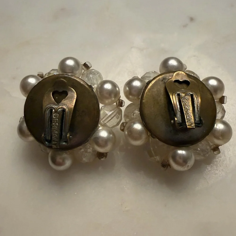 Vintage Beaded Faux Pearl AB Cluster Clip-On Earrings Made in Germany - Picture 5 of 6